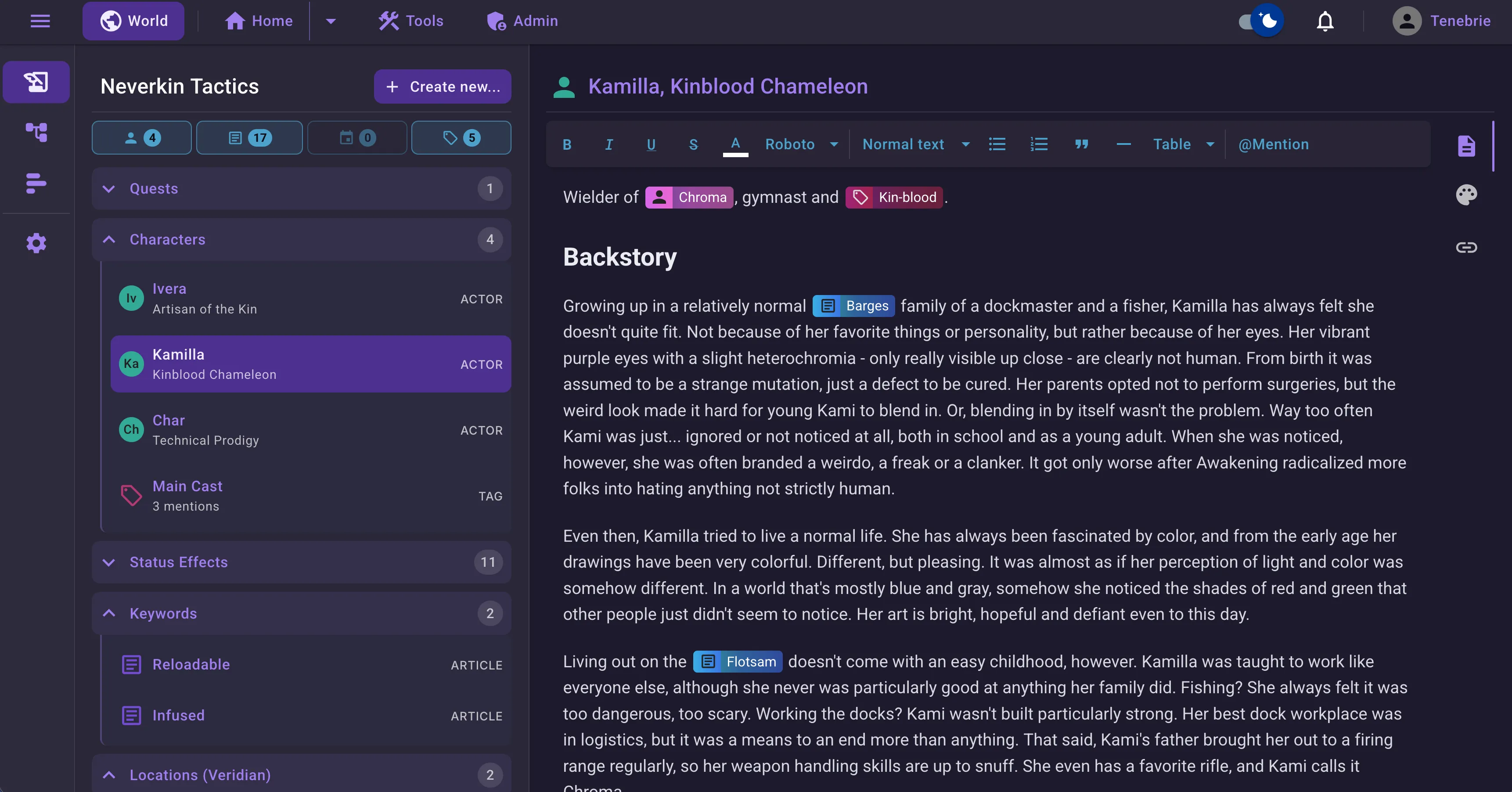 A character's backstory in the rich text editor, with mentions of other entities